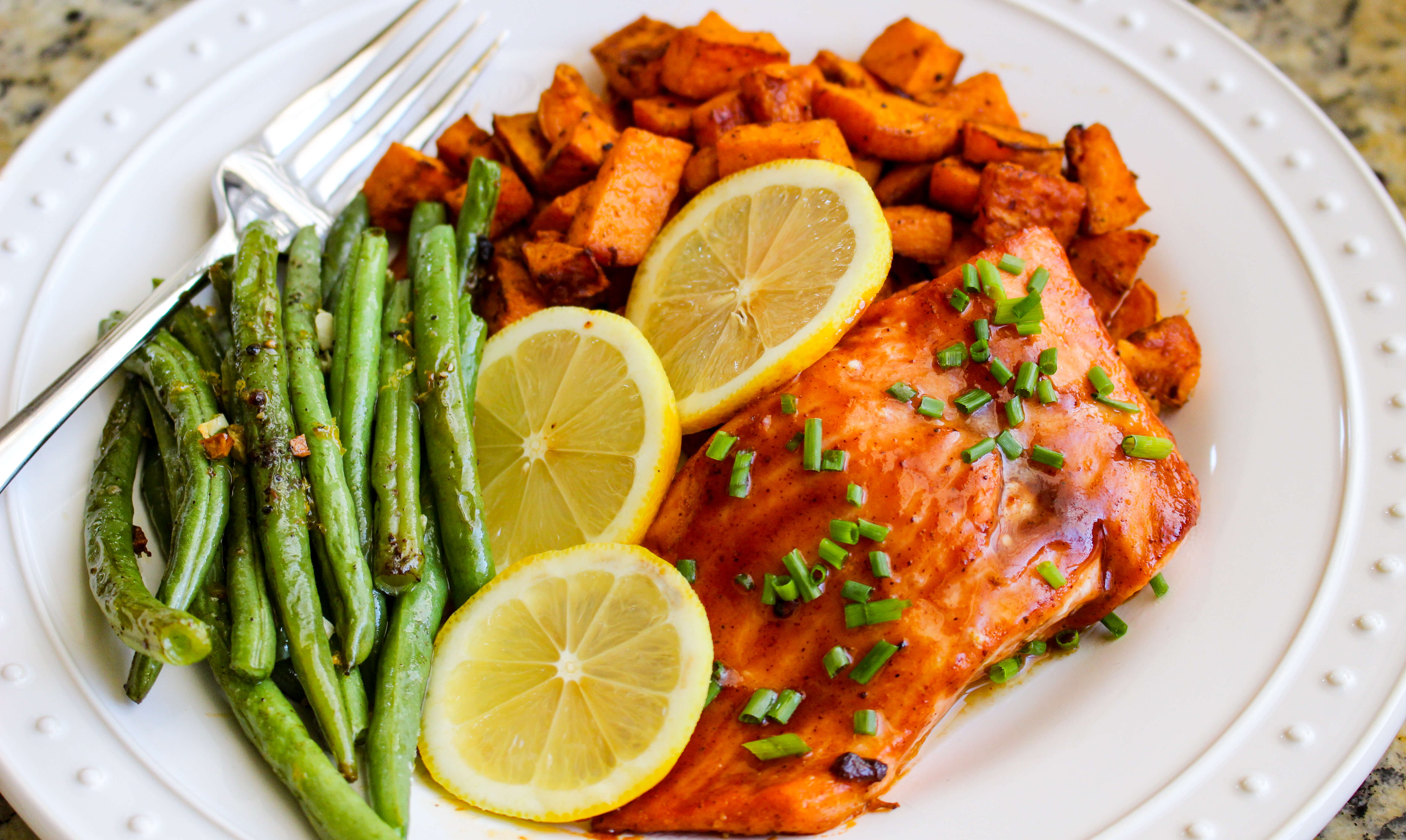 Cumin-Spiced Salmon with Roasted Sweet Potatoes and Green Beans