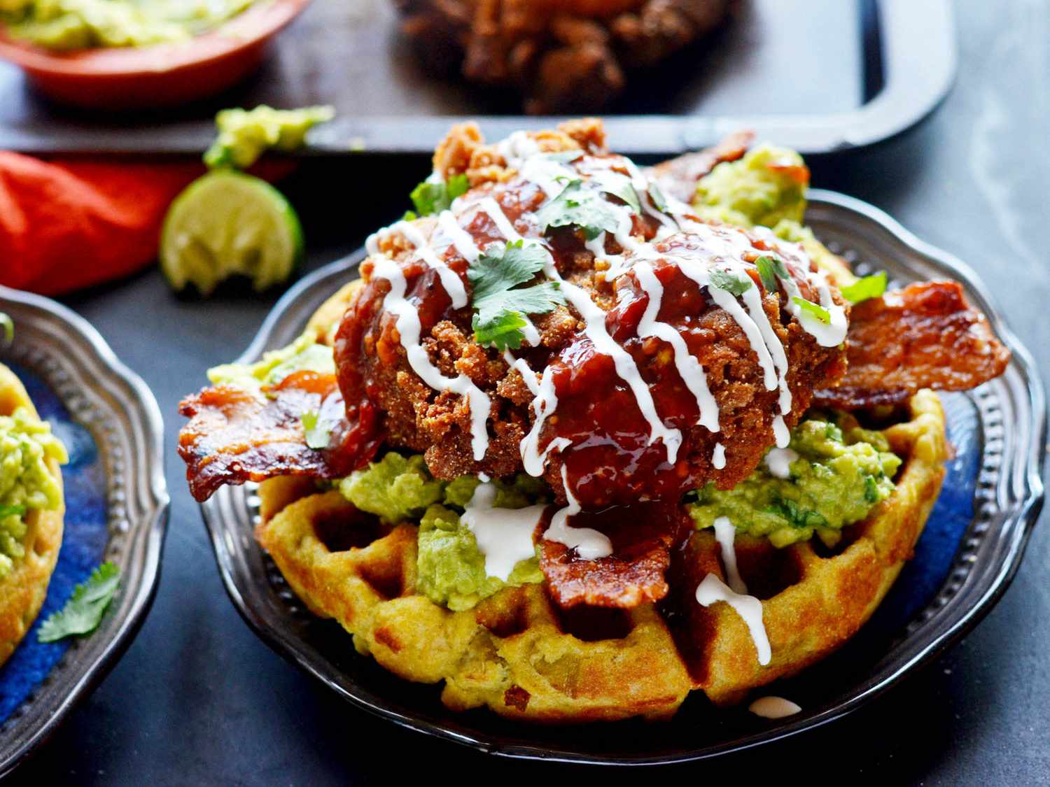 American Chicken and Waffles with Mexican-Inspired Chili Glaze and Mediterranean Yogurt
