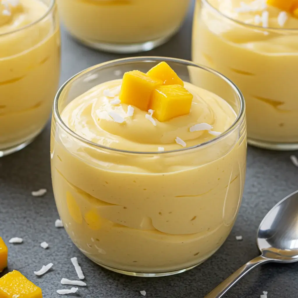 Coconut-Lime Mango Mousse with Crispy Coconut Topping