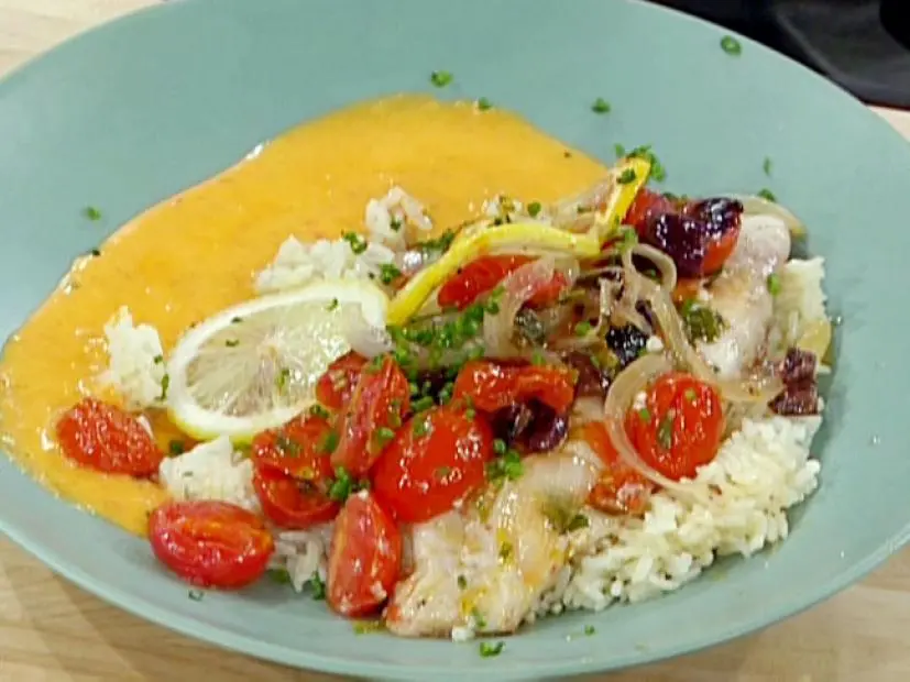Braised Red Snapper with Tomato-Rice Pilaf and Green Onions