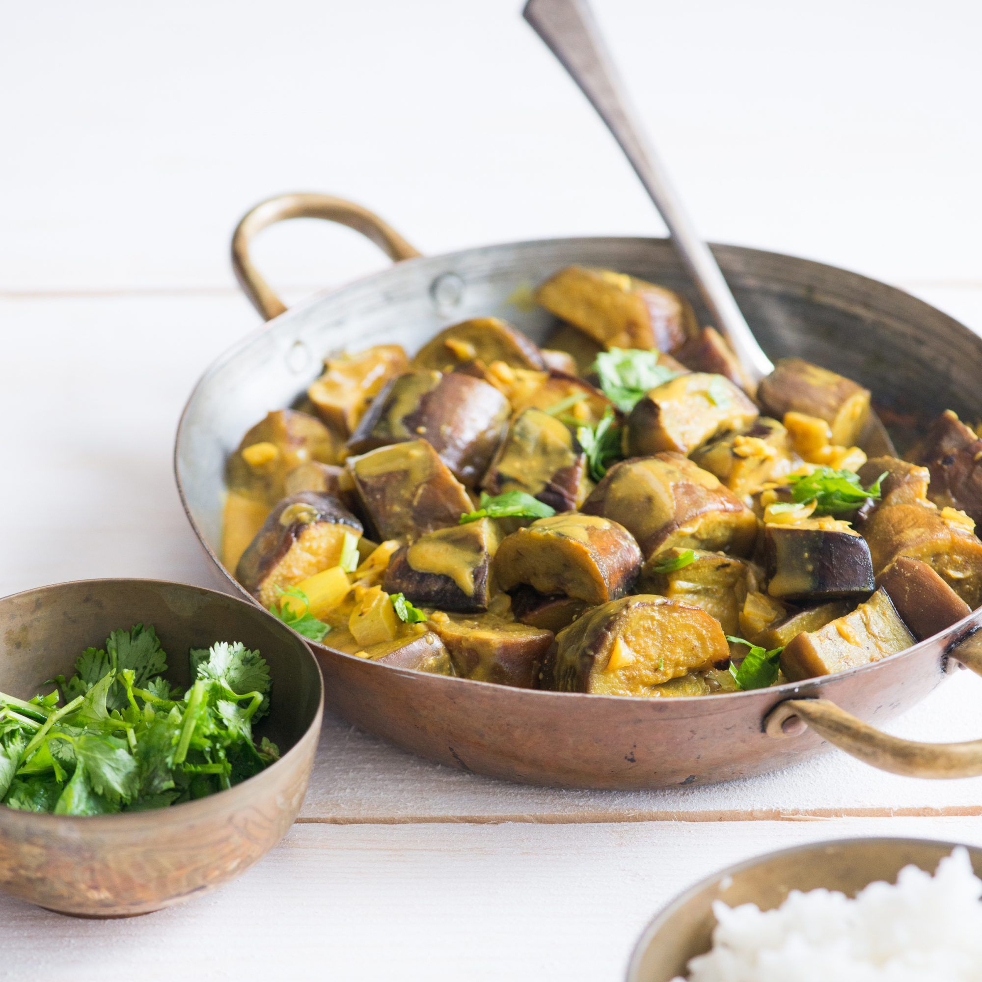 Braised Eggplant and Chickpeas with Cumin and Coconut Milk