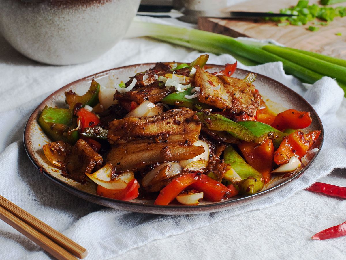 Sichuan Pepper Crusted Pork Belly with Pickled Greens
