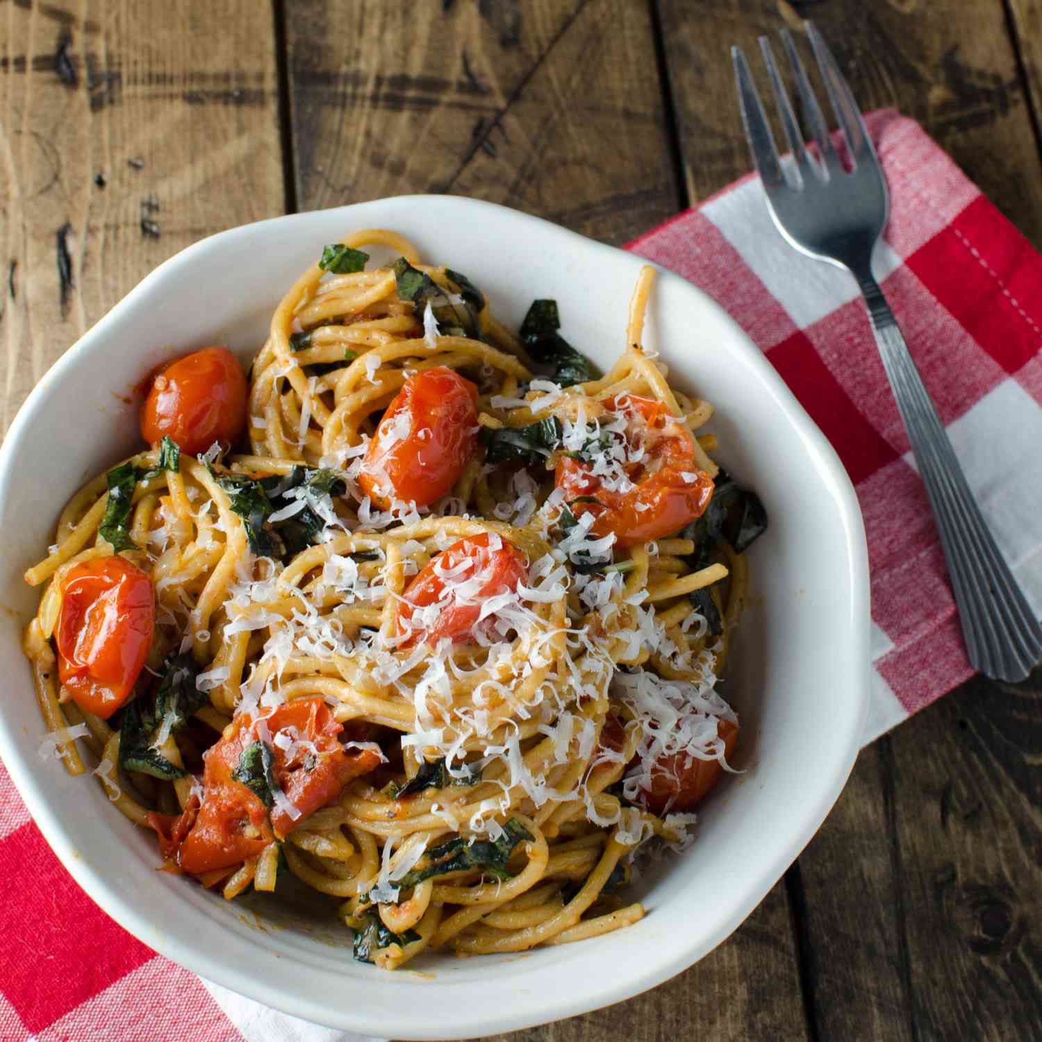 Sautéed Garlic and Roasted Cherry Tomatoes over Whole Wheat Spaghetti