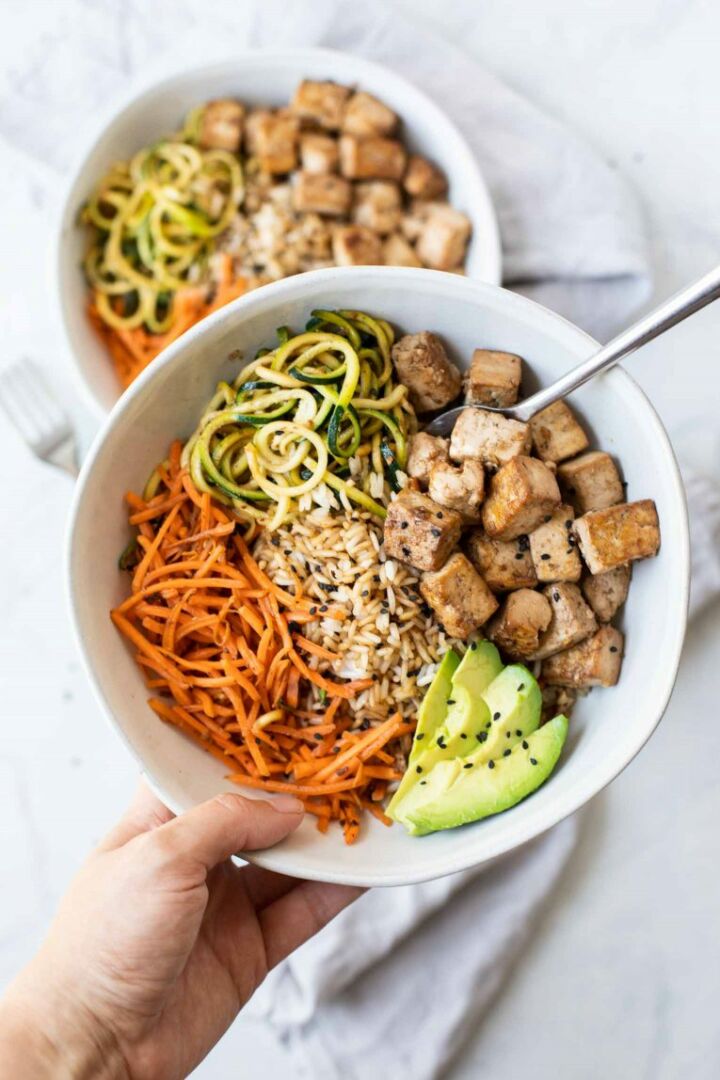 Mediterranean-Inspired Rice Bowls with Mexican-Inspired Beans and Asian Tofu