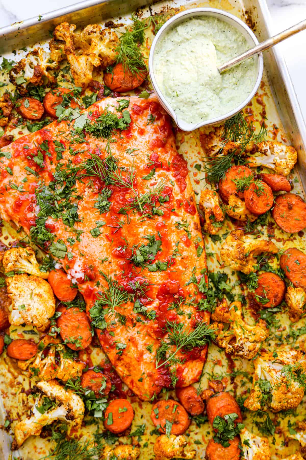 Sheet Pan Harissa-Rubbed Salmon with Roasted Vegetables