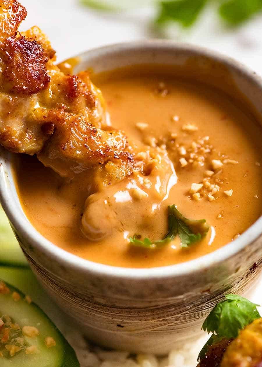Mediterranean-Inspired Chicken Skewers with Asian Peanut Sauce and Mexican Corn Relish