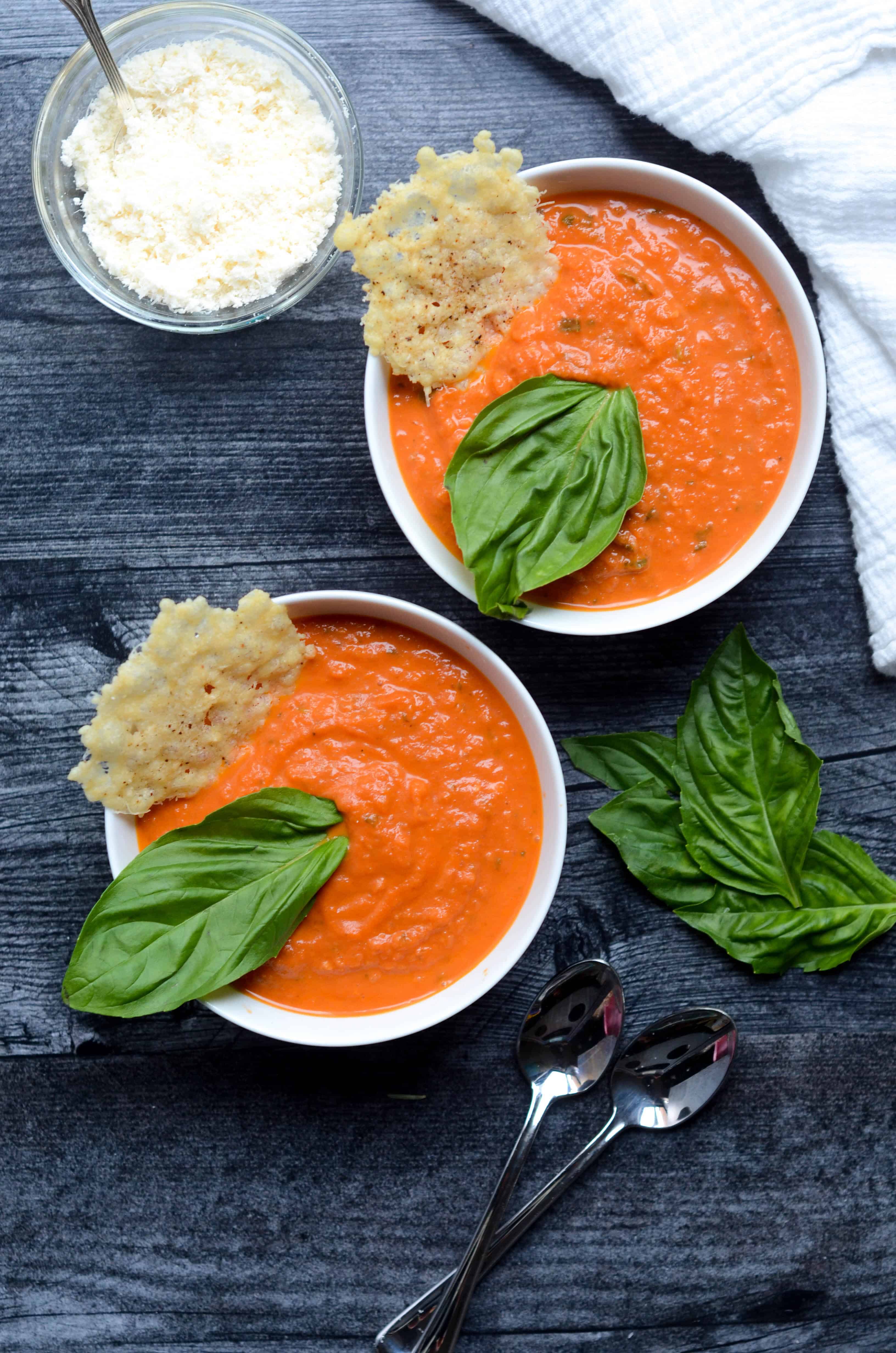 Slow-Cooked Tomato Basil Soup with Parmesan Crisps