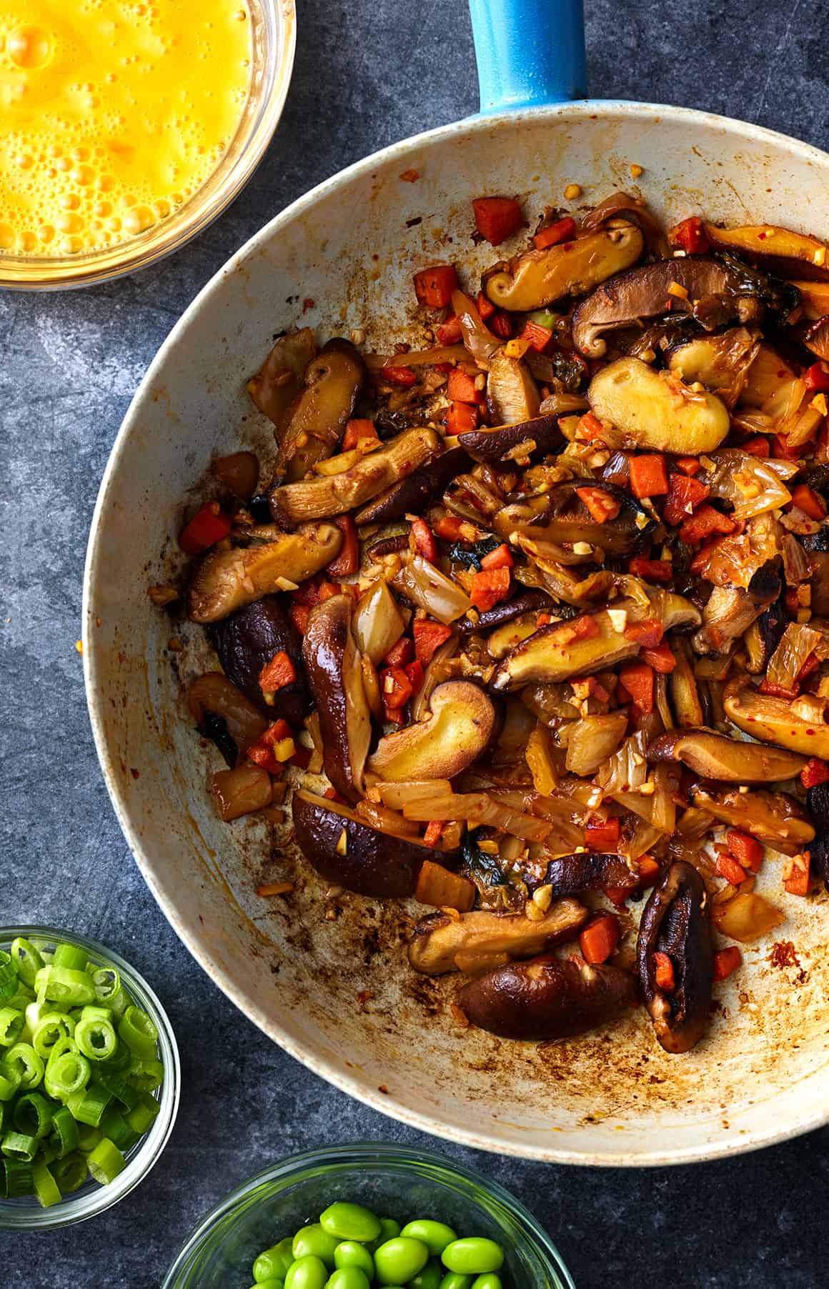 Cauliflower Rice Stir-Fry with Mushrooms and Fried Eggs