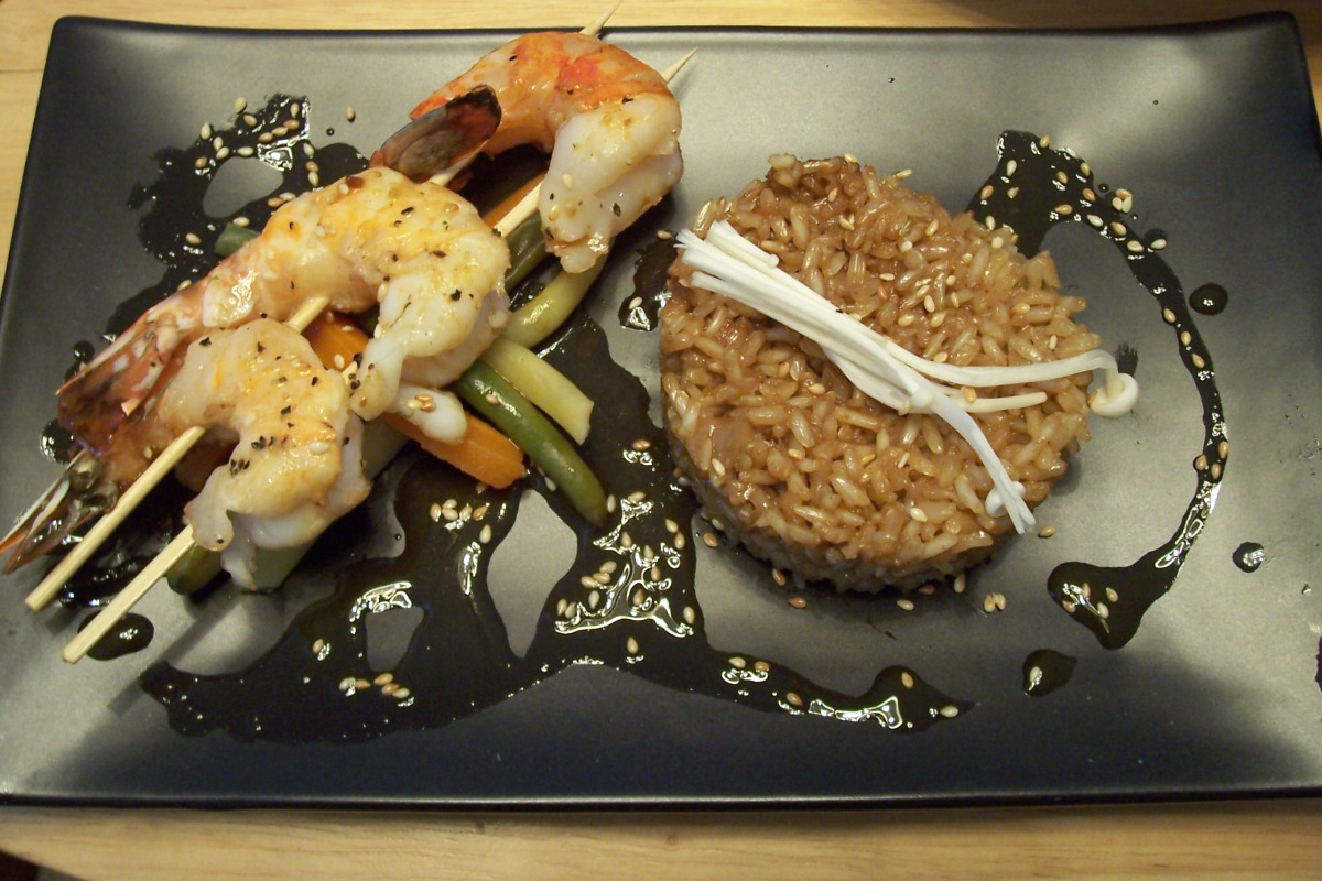 Shrimp and Plantain Skewers with Mojo Sauce