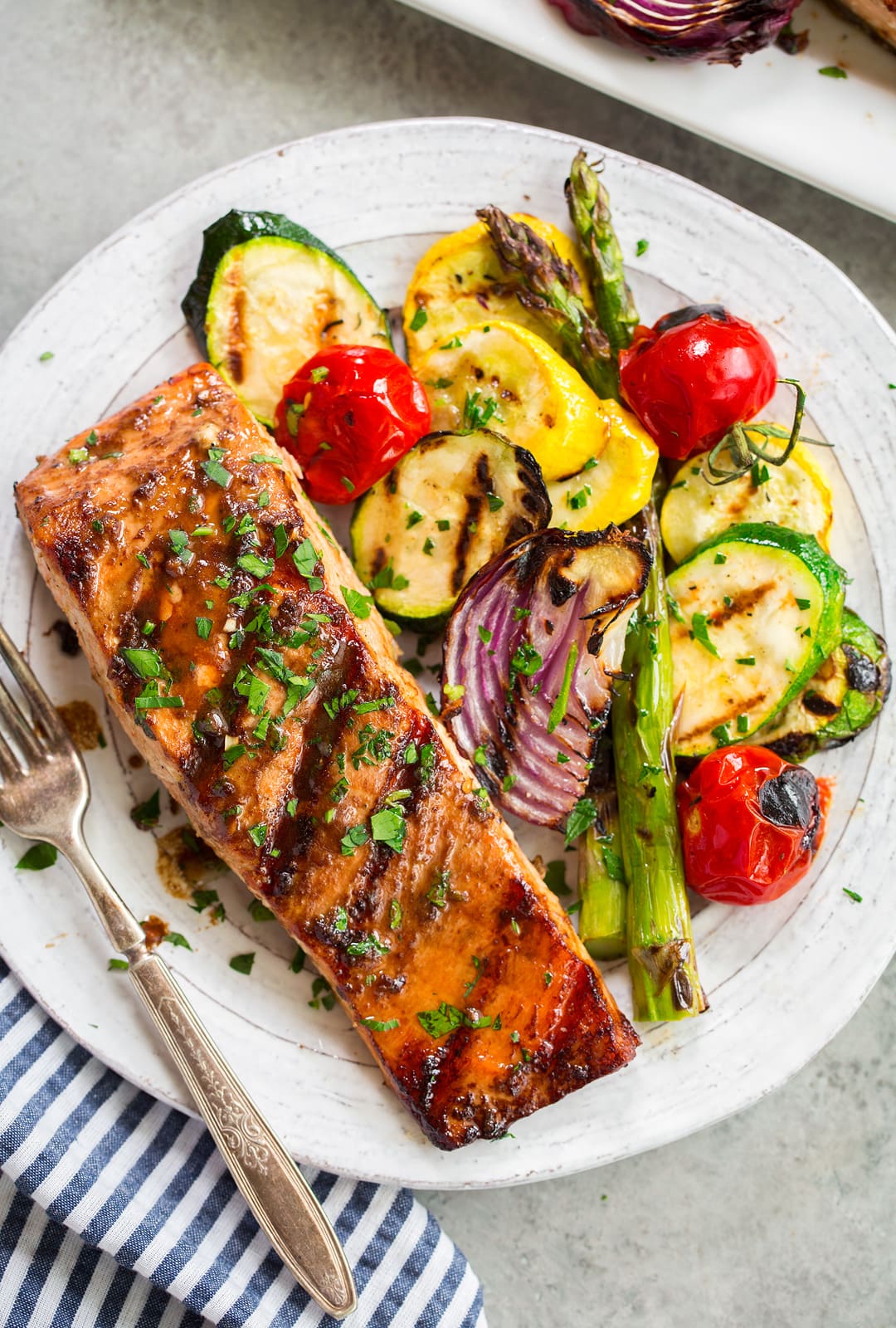 Mediterranean Grilled Salmon with Asian Soy-Glazed Vegetables and Mexican Lime Crema