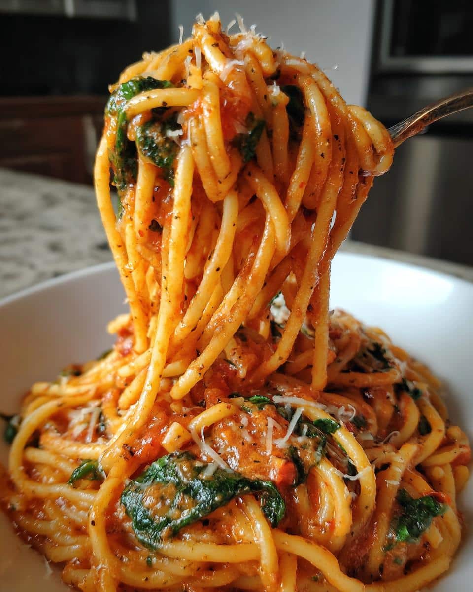 One-Pot Creamy Tomato Pasta with Spinach and Garlic