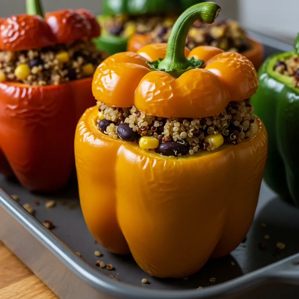 Lentil and Quinoa Stuffed Bell Peppers with Tomato Sauce