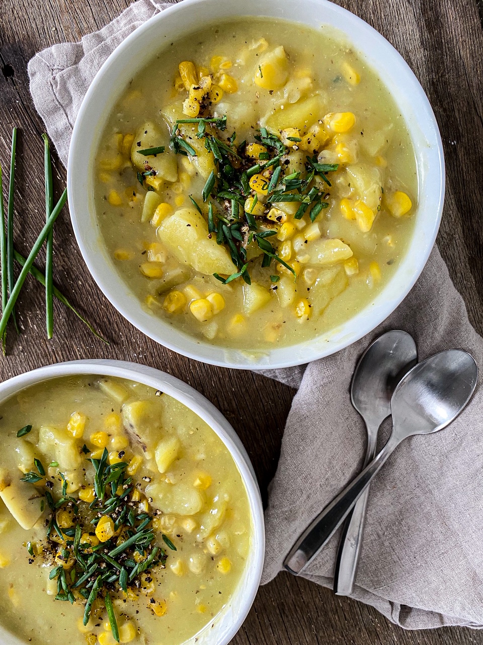 Creamy Potato and Corn Soup with Chives