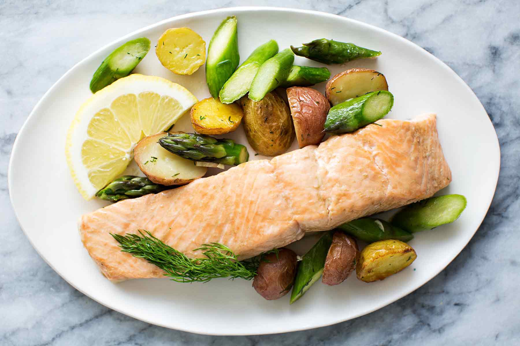 Lemon-Dill Salmon with Roasted Asparagus and Herbed Potatoes