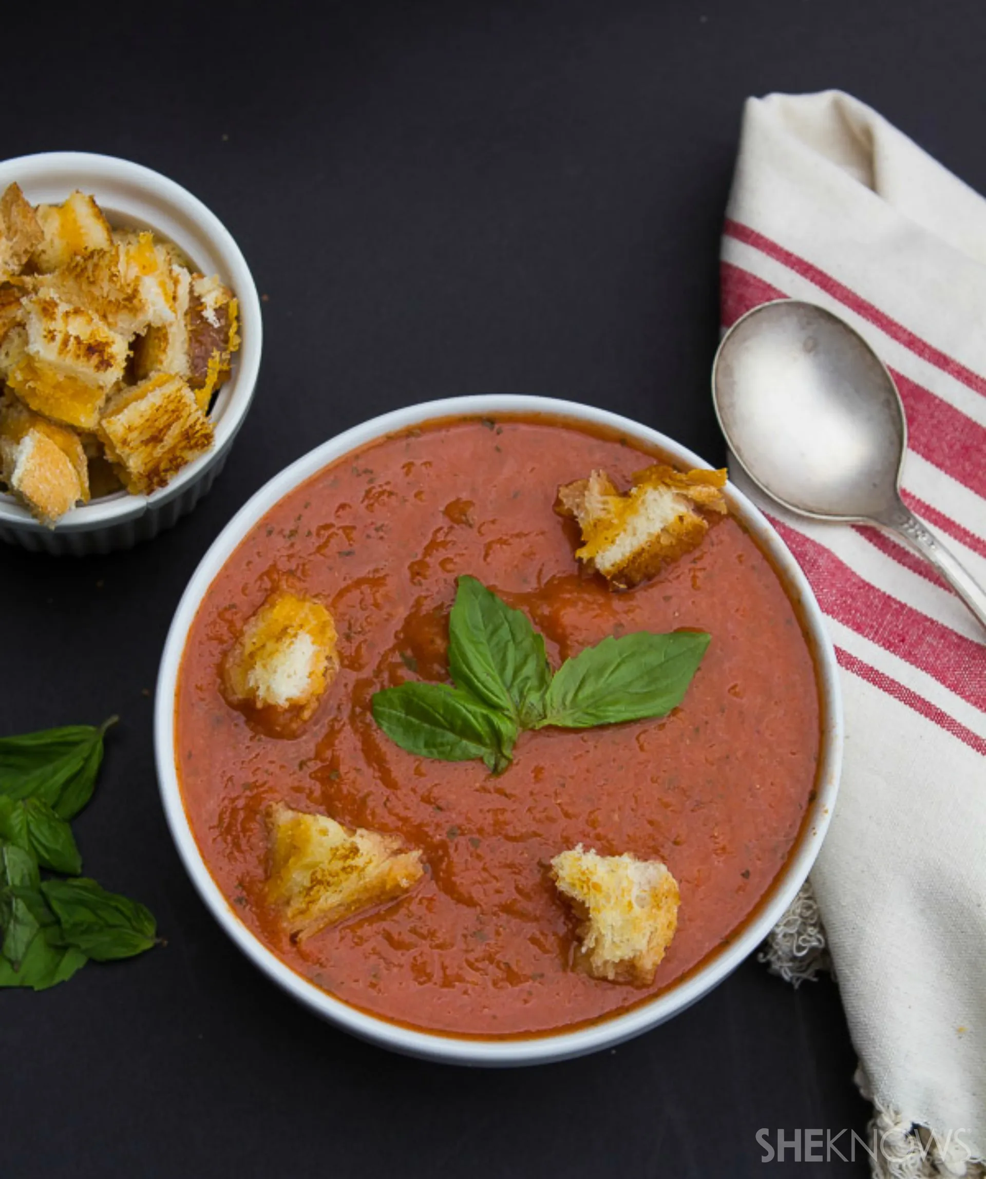Herb-Infused Tomato Basil Soup with Rosemary Croutons