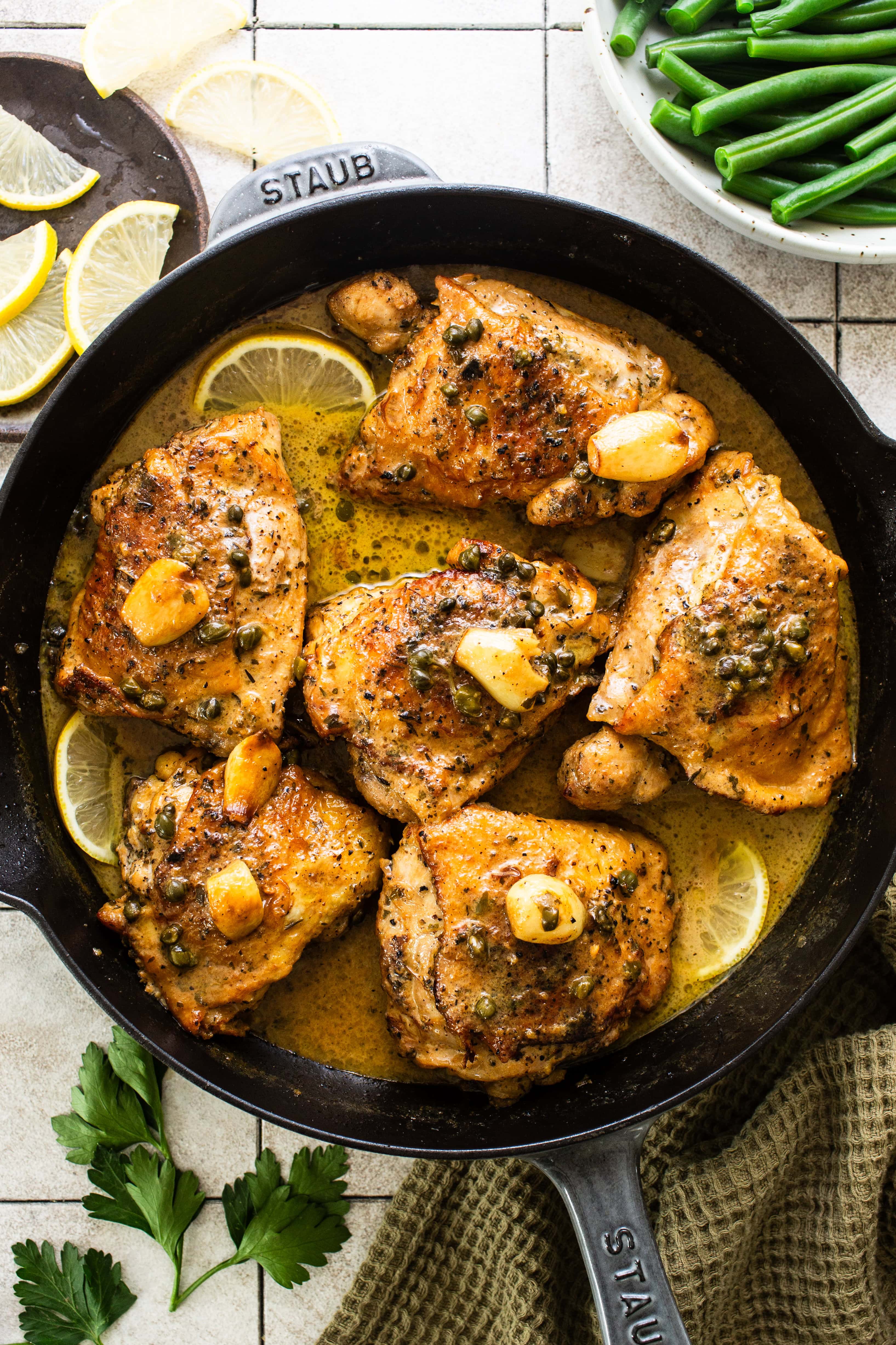 Sautéed Chicken Thighs with Crispy Capers and Garlic Butter