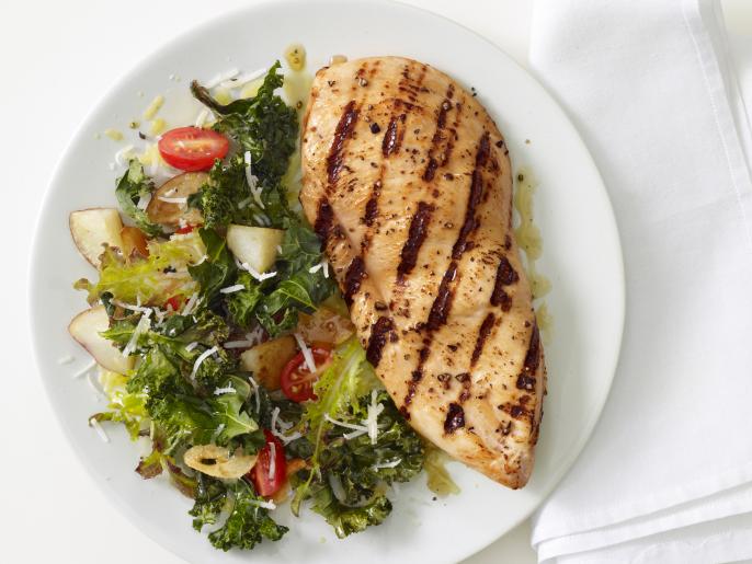 Sear-Grilled Chicken with Smashed Sweet Potato and Kale