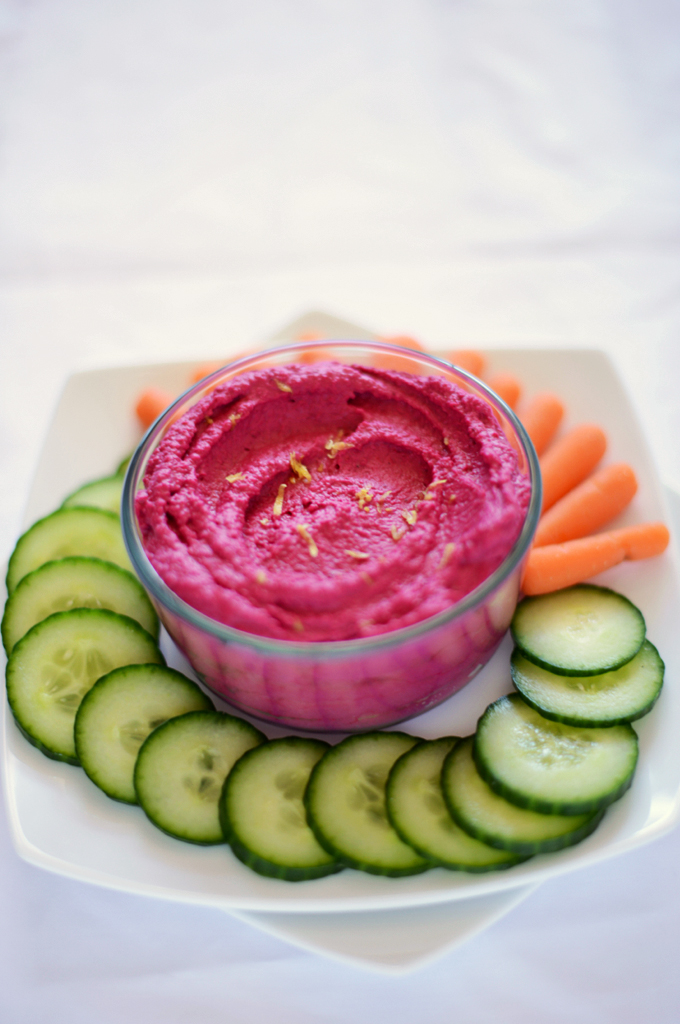 Beet-Carrot Hummus with Crisp Vegetable Sticks