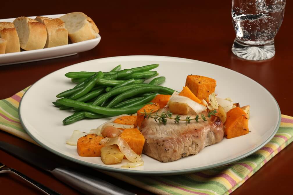 Sheet Pan Coconut Flour Pork Chops with Roasted Sweet Potatoes