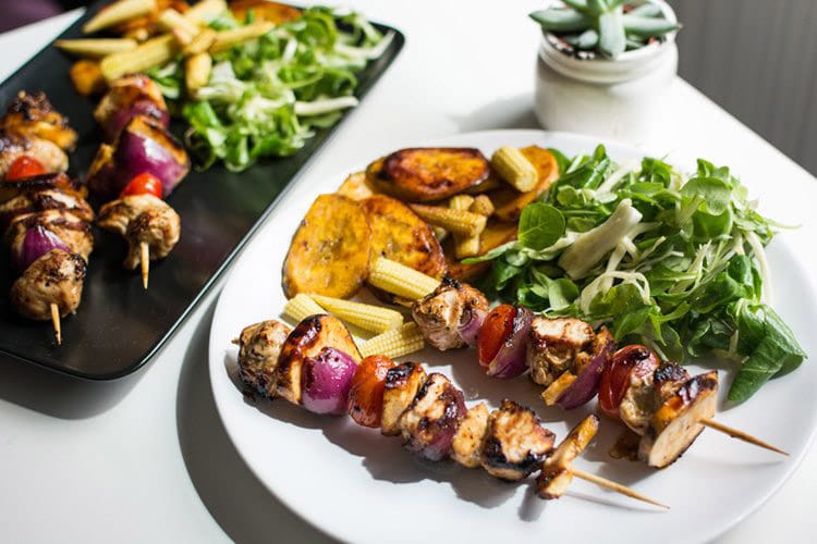 Plantain and Chicken Skewers with Chili Glaze