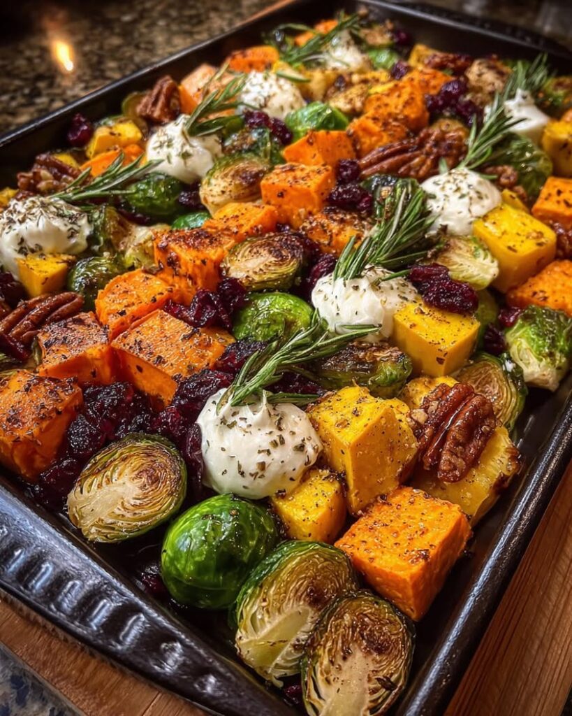Caramelized Sheet Pan Sweet Potato and Brussels Sprouts with Thyme
