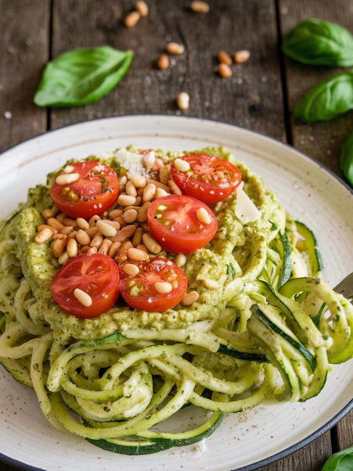 Sautéed Zucchini Noodles with Basil Pesto and Cherry Tomatoes