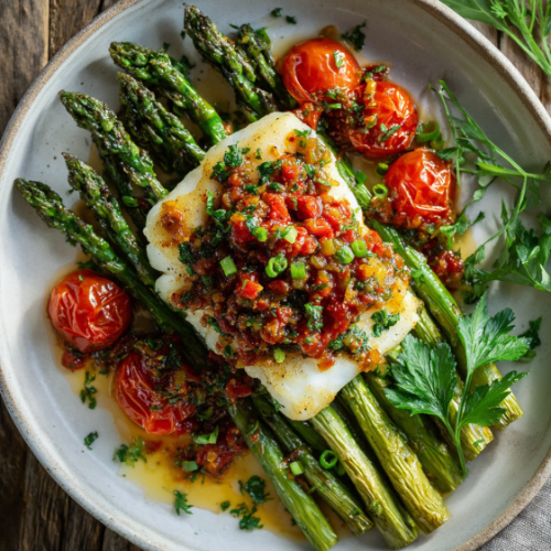 Pan-Seared Cod with Asparagus and Cherry Tomatoes