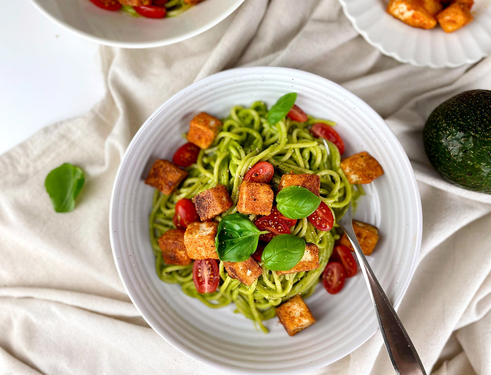 Mediterranean-Inspired Pasta with Mexican Avocado Crema and Asian Soy-Glazed Tofu