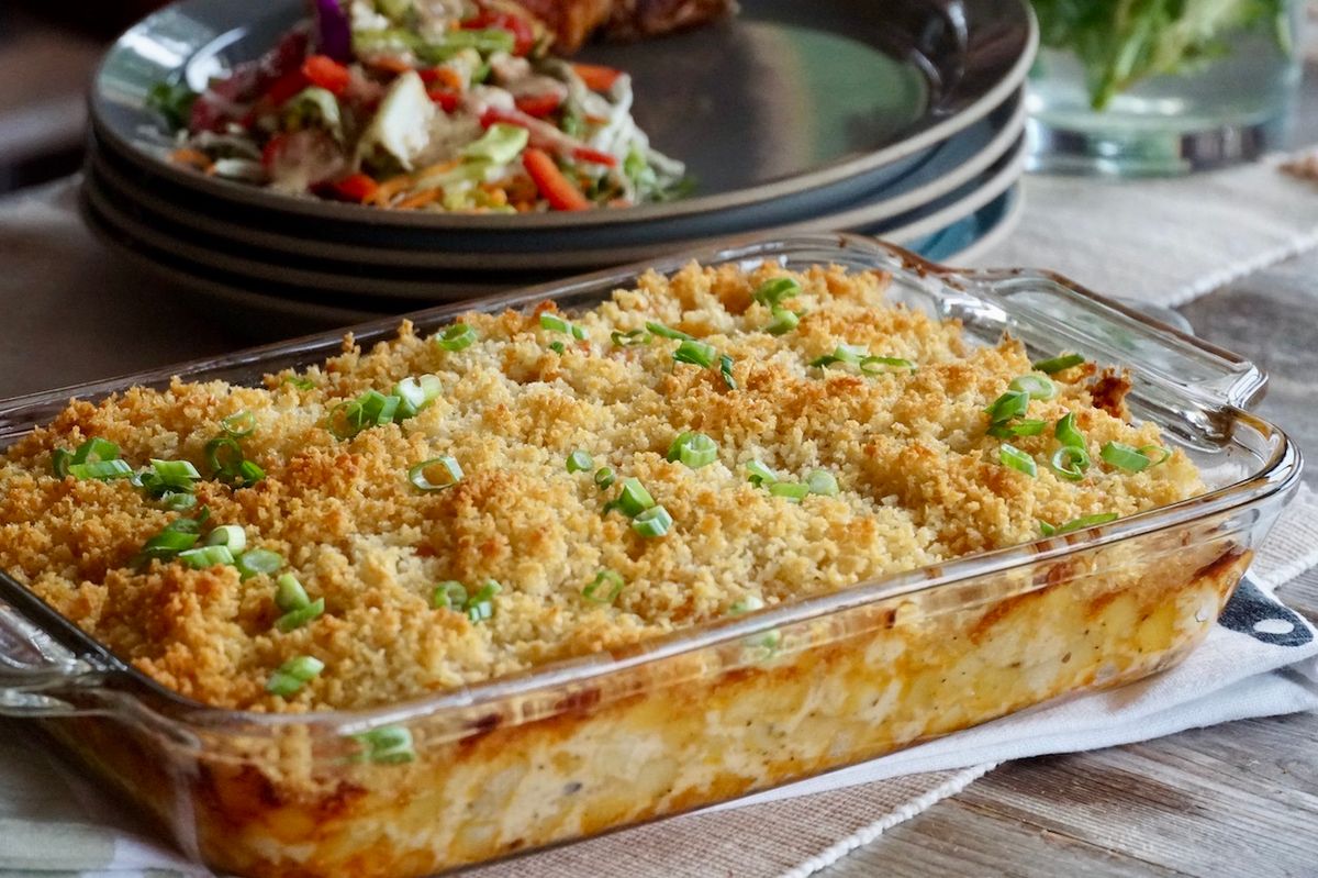 Baked Cheddar Potato Casserole with Green Onion Topping