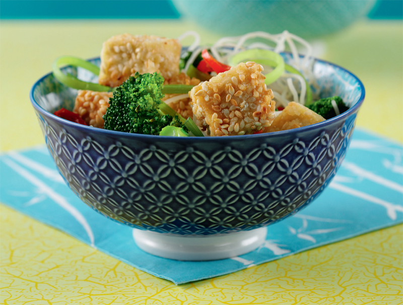 Stir-Fried Tofu with Ginger and Sesame Oil on Rice Noodles