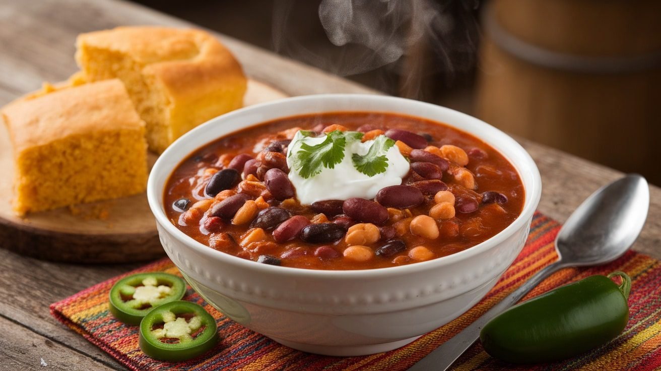 Three-Bean Chili with Cornbread Croutons