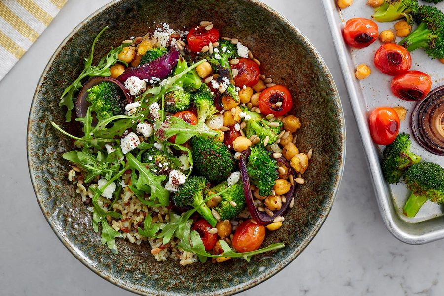 Herb-Roasted Chicken and Vegetable Bowl with Lemon-Tahini Dressing
