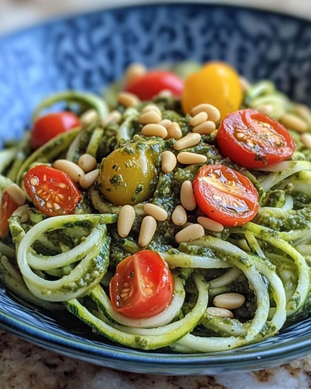 Spinach-Almond Pesto Zucchini Noodles with Cherry Tomatoes