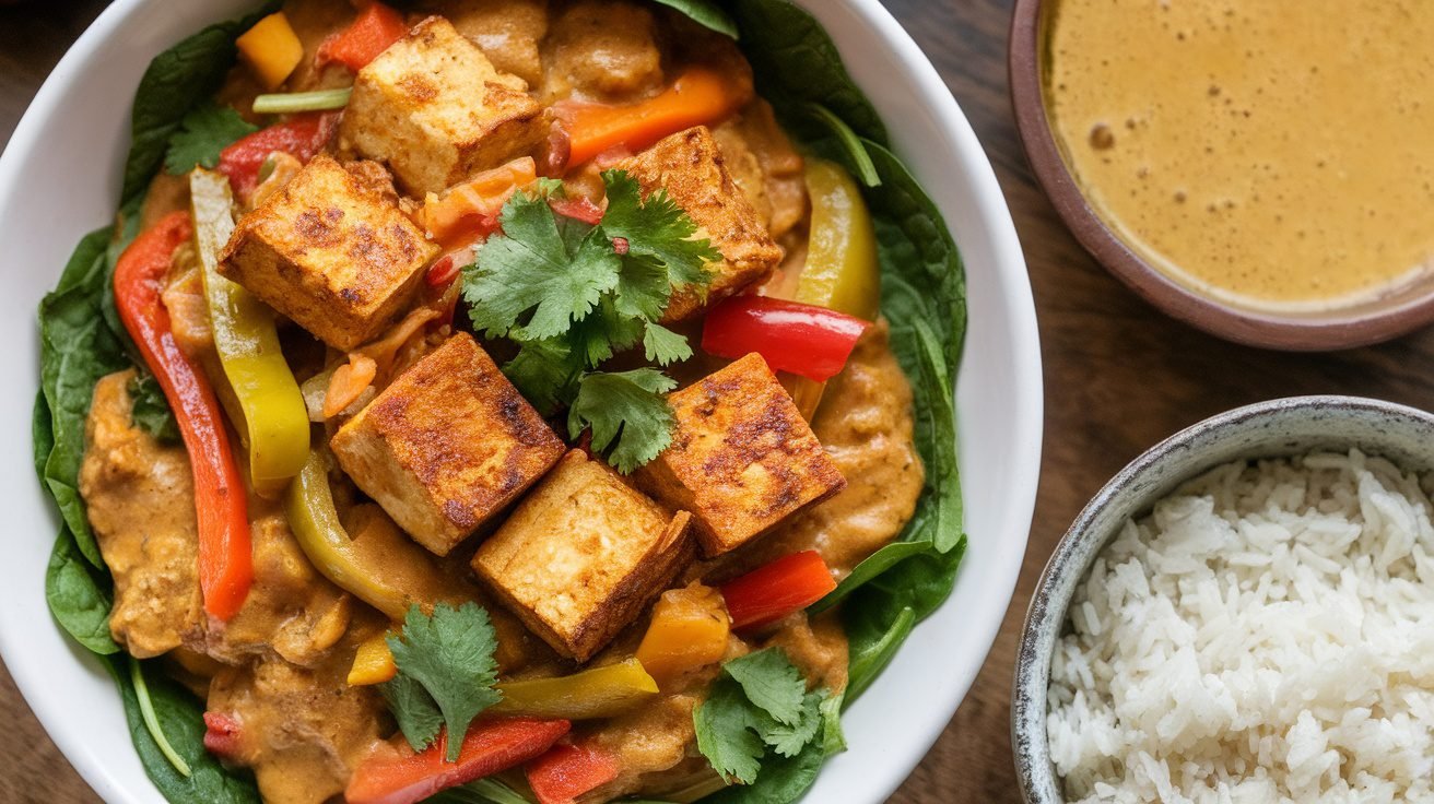 Tomato-Tofu Curry with Burmese Herbs and Rice