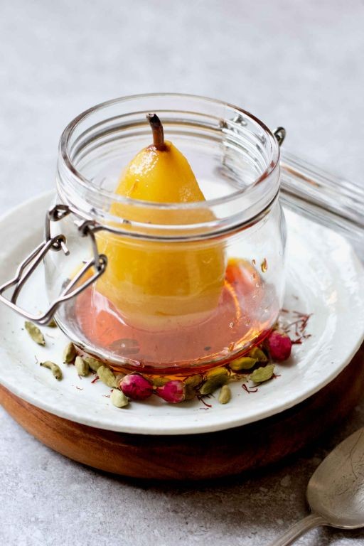 Lemon-Cardamom Poached Pears with Vanilla Bean Custard