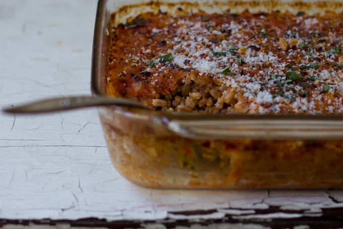 Baked Farro with Roasted Vegetables and Parmesan