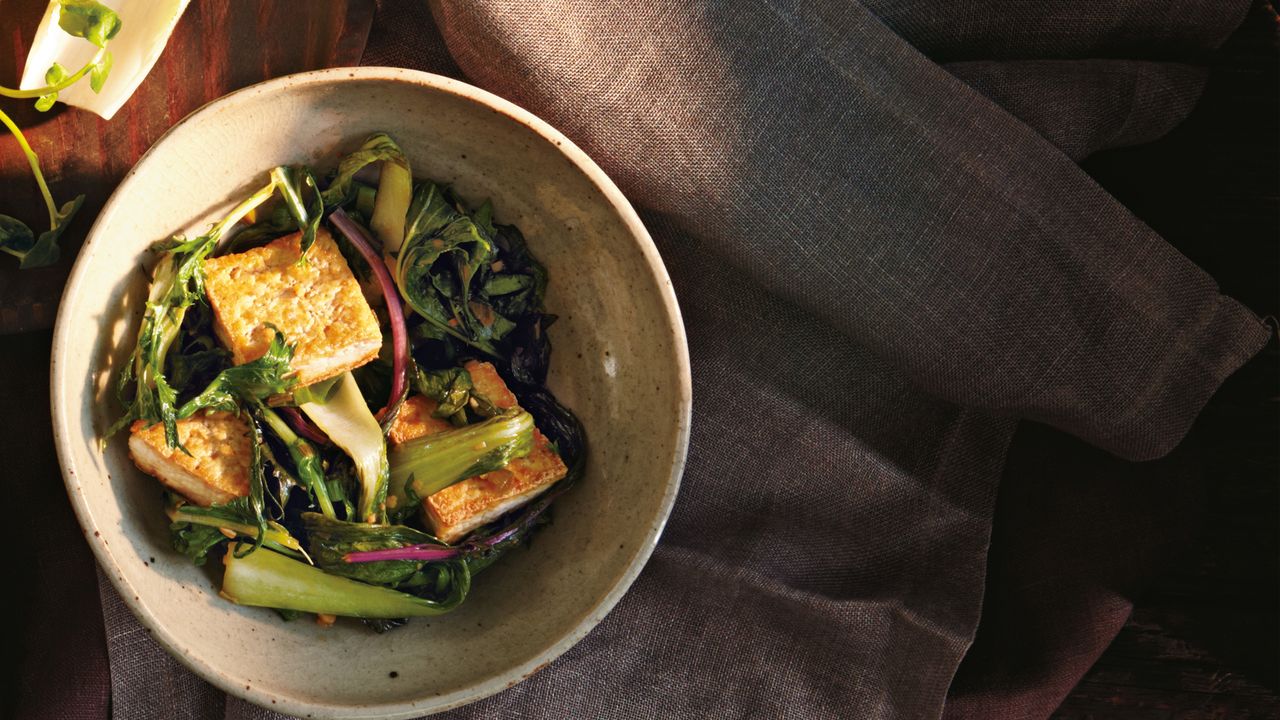 Miso-Glazed Tofu with Stir-Fried Bok Choy and Rice Noodles