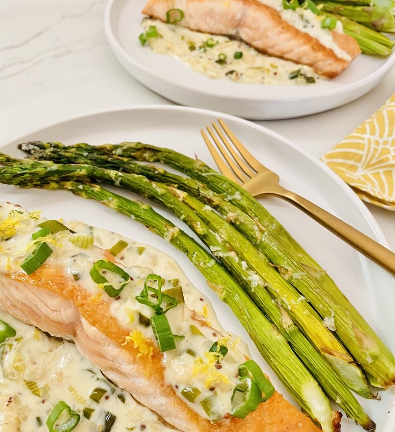 Pan-Seared Salmon with Dill-Caper Sauce and Roasted Asparagus