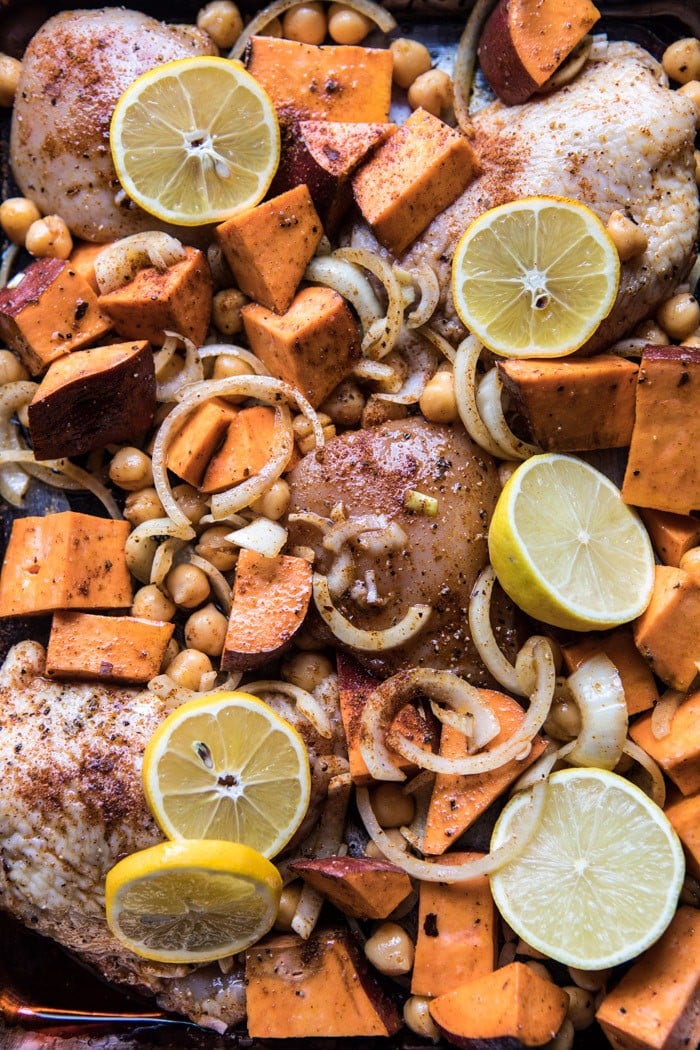 Oven-Roasted Harissa Chicken with Sweet Potatoes and Chickpeas