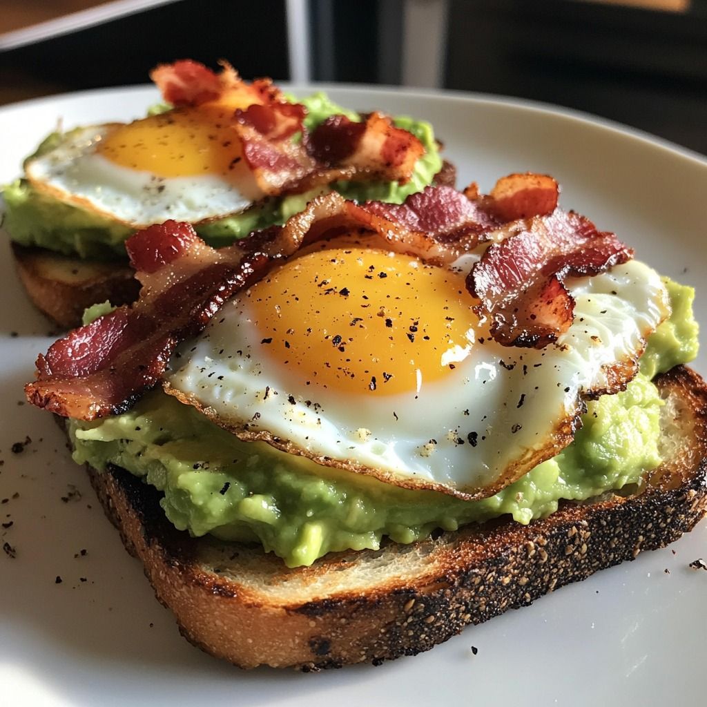 Avocado and Fried Egg Stacks with Crispy Bacon