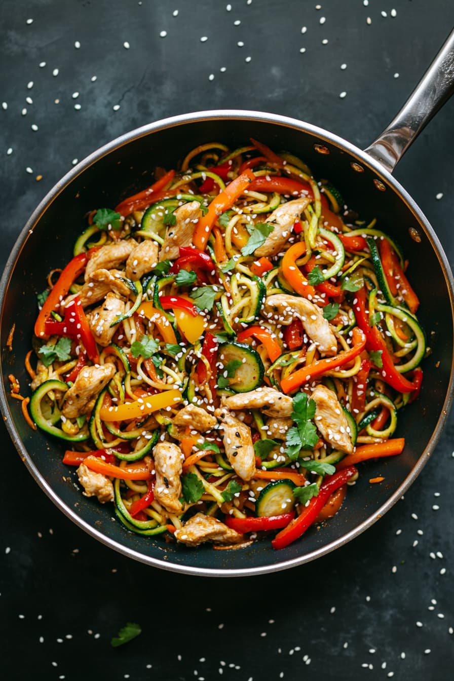 Zucchini Noodle Stir-Fry with Chicken and Cherry Tomatoes