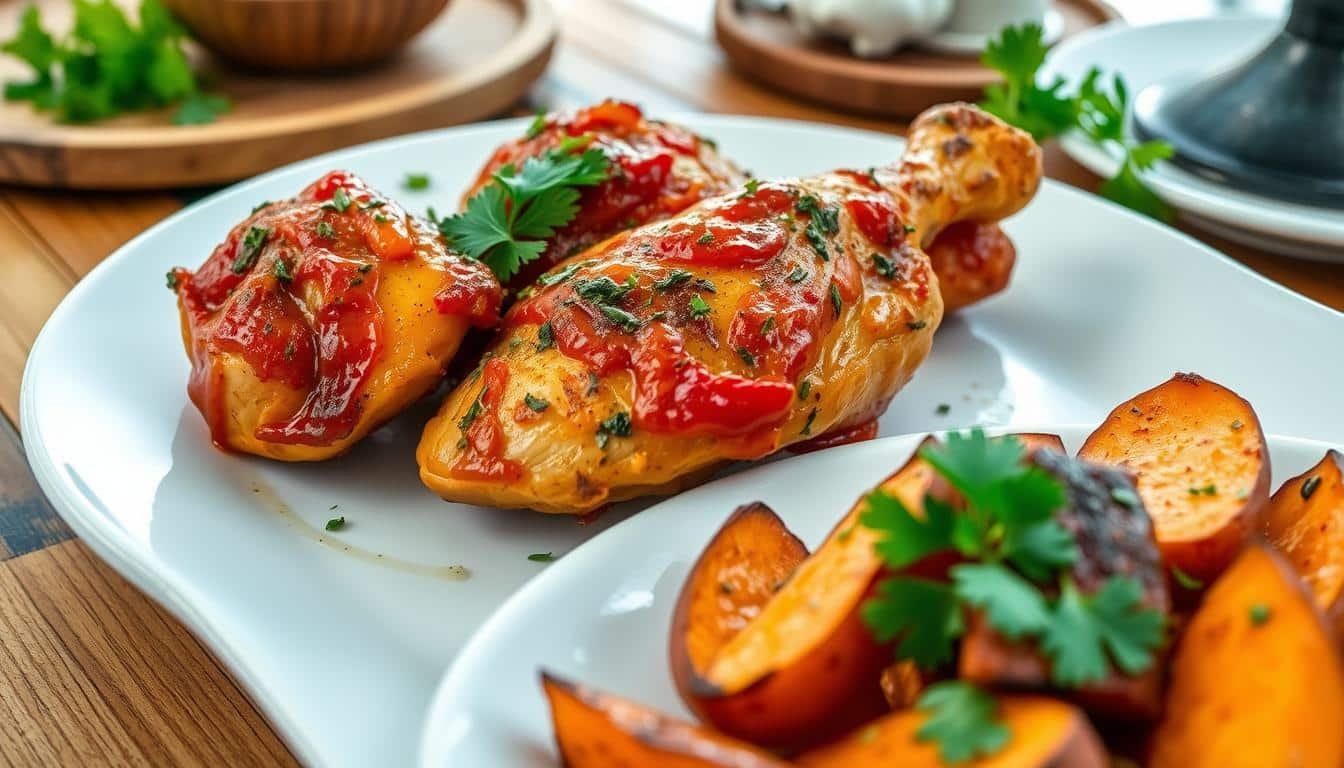 Sheet Pan Smoky Harissa Chicken with Sweet Potatoes