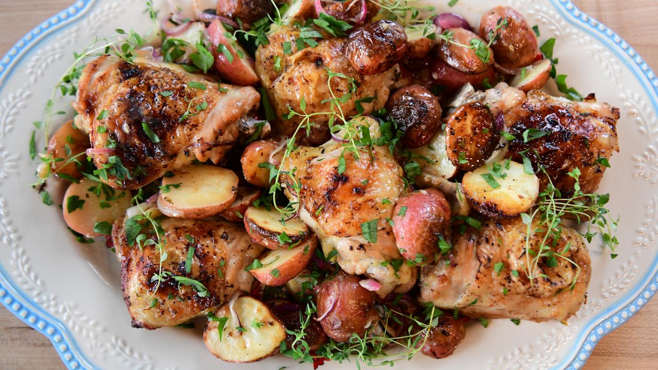 Sheet Pan Mushroom and Thyme Chicken with Parmesan Potatoes