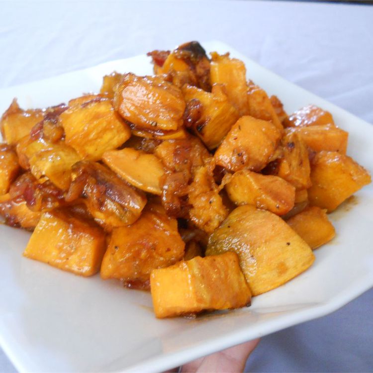 Maple-Glazed Sweet Potato Hash with Crispy Onions