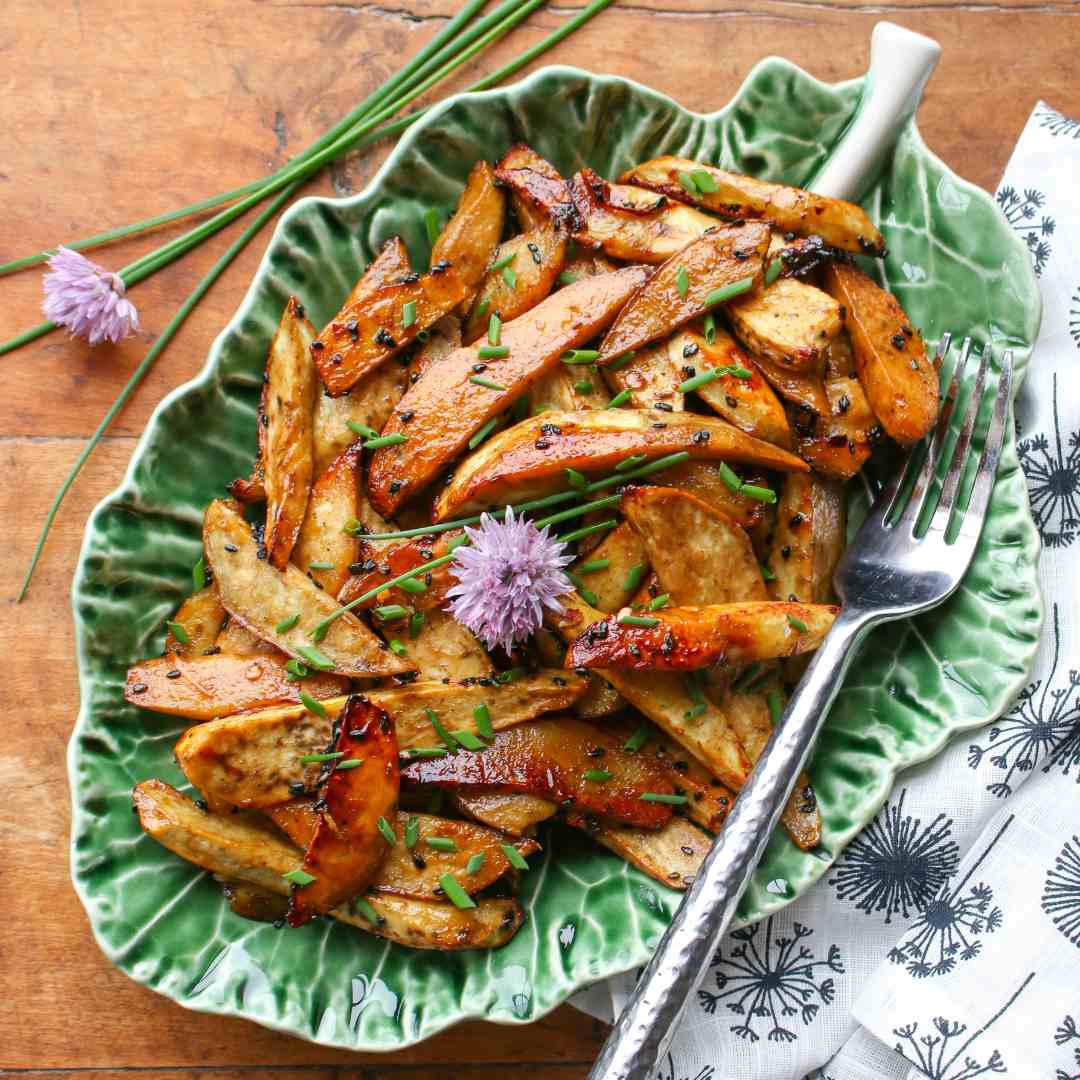 Miso-Tahini Glazed Roasted Sweet Potatoes with Sesame and Green Onions