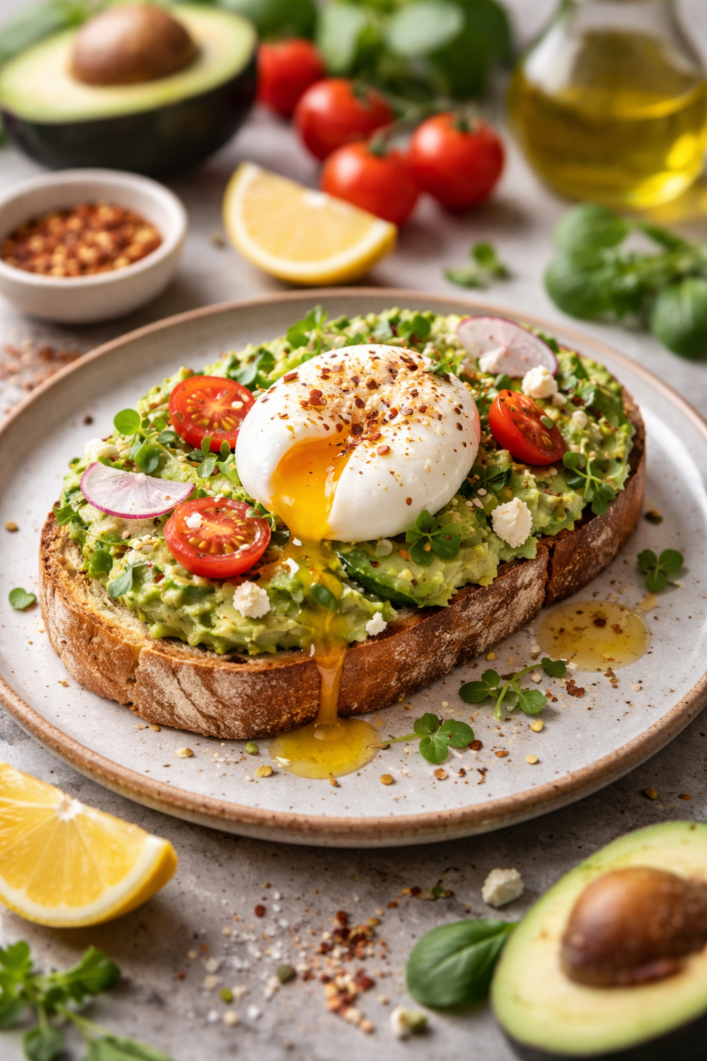 Avocado and Sun-Dried Tomato Toast with Poached Egg