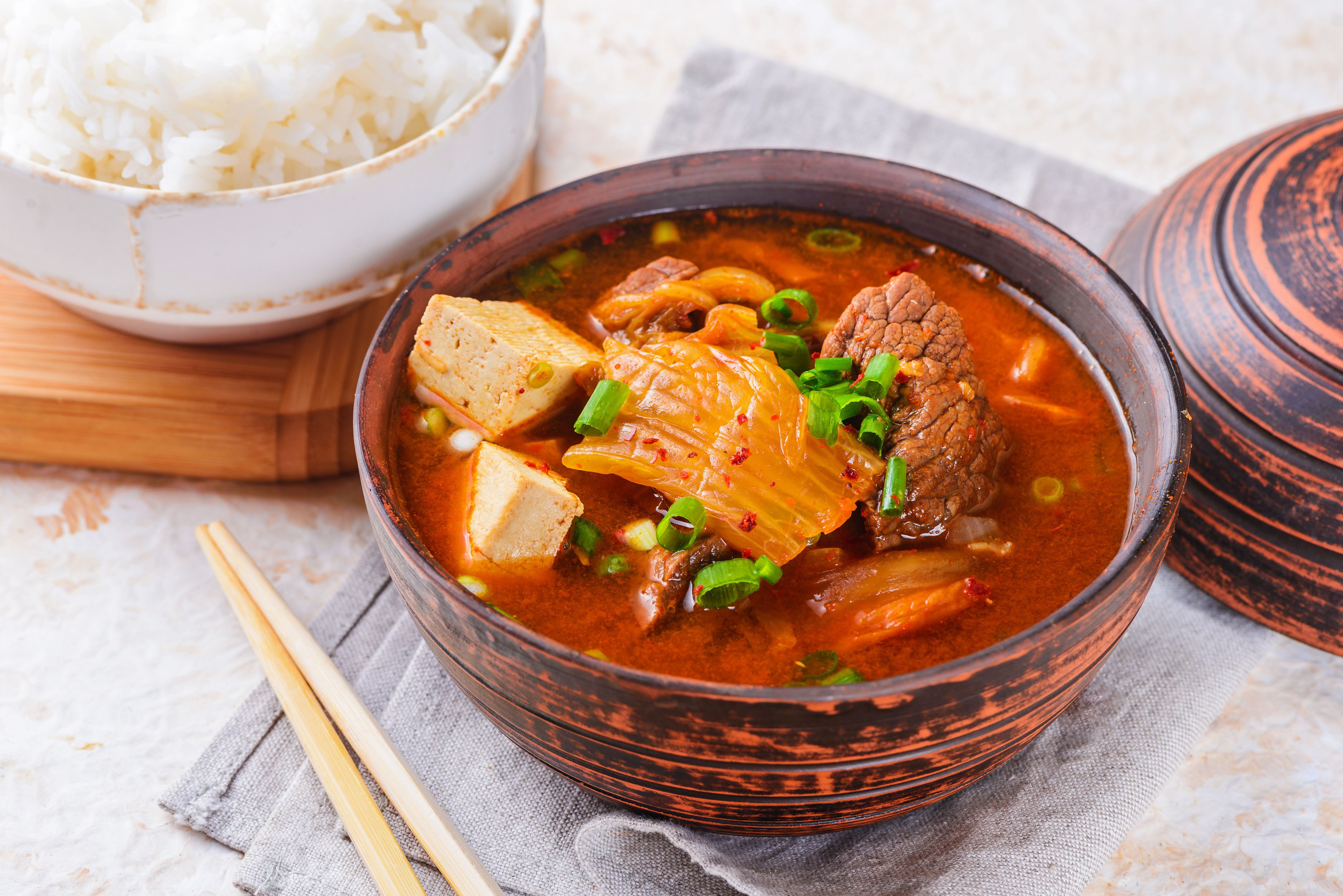 Korean Kimchi Stew with Vietnamese Rice Noodles and Japanese Miso