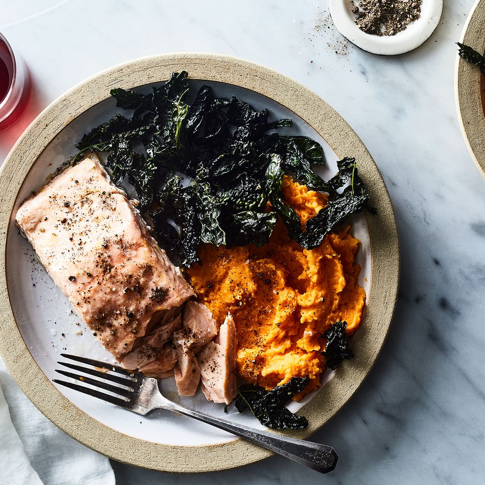 Lemon-Roasted Salmon with Sweet Potato and Kale