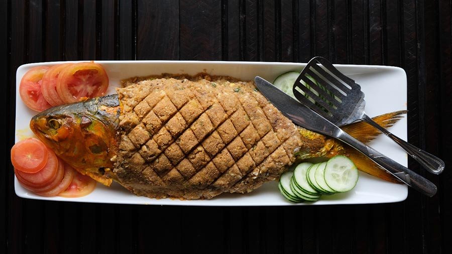 Mustard-Glazed Hilsa with Potato Tomatoes