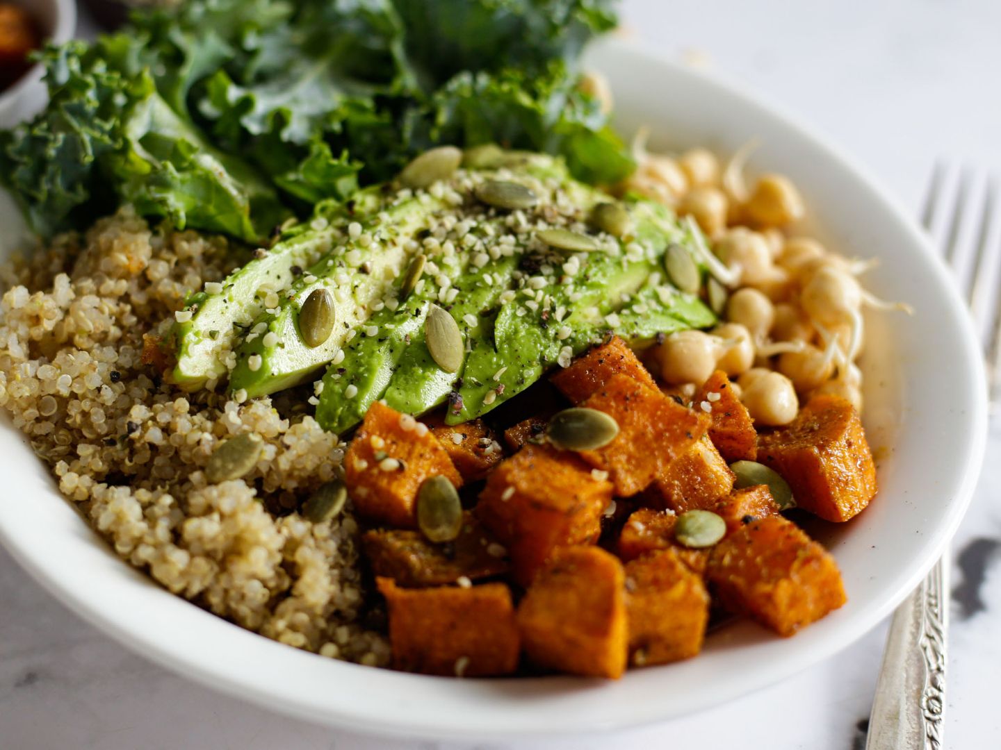 Lemony Quinoa Bowl with Roasted Sweet Potato and Kale